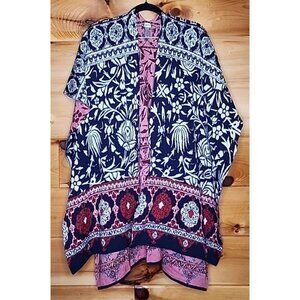 CHICOS Red Navy White Cape Shawl Poncho Wrap One Size 55% Silk, 45% Cotton